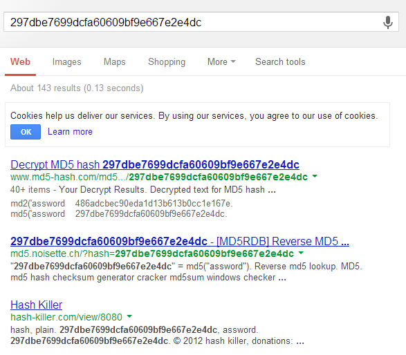 Google Search for password hash